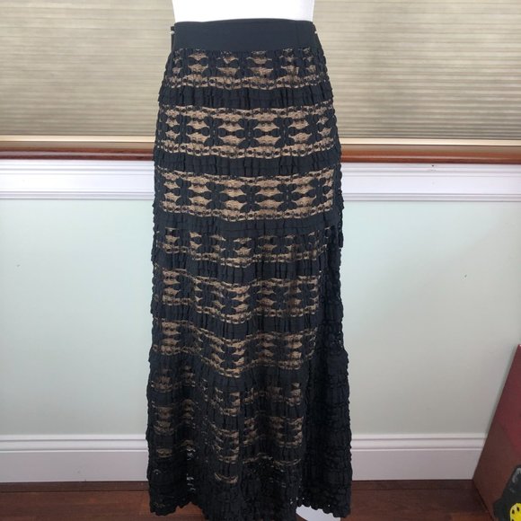 Max Studio Black Lace Ruffle Overlay Boho Festival Tiered Midi Skirt Whimsigoth - Picture 1 of 15